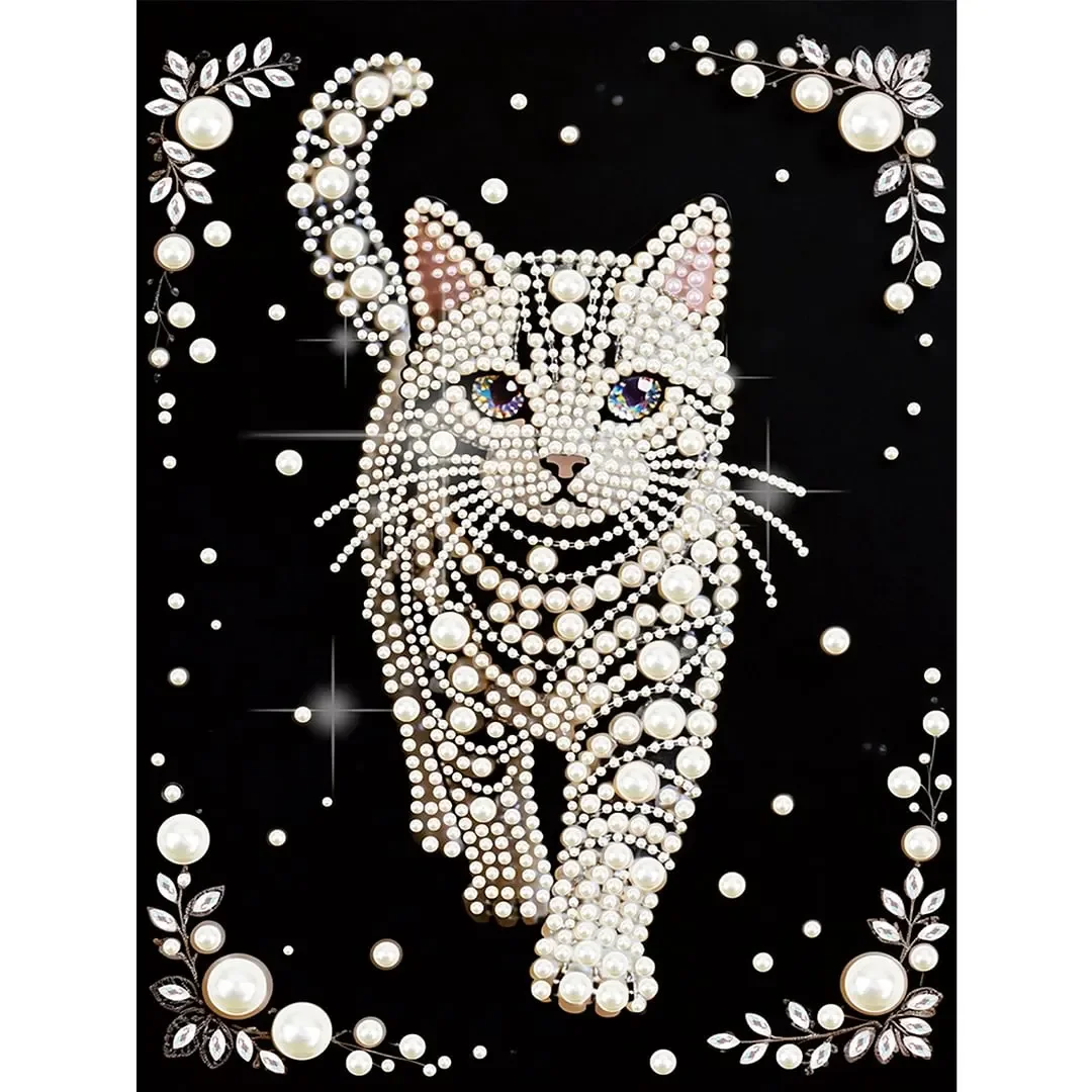 Kit de Pintura Diamante DIY com Meia Pérola e Diamante de Água, Padrão Gato (Versão Adulto) - Obra de Arte em Tela Feita à Mão 15.7x11.8 polegadas
