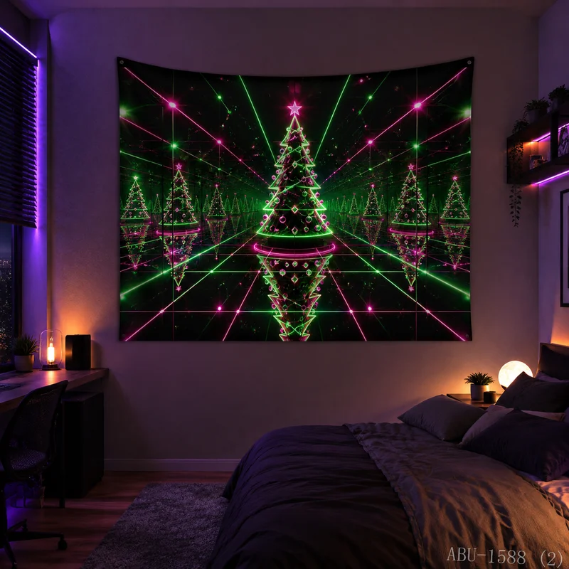 VIKAMA Neon Green Pink Wireframe Tree Tunnel Cyber Grid Reflection Laser Black Art Christmas Tapestry Wall Hanging Bedroom Soft