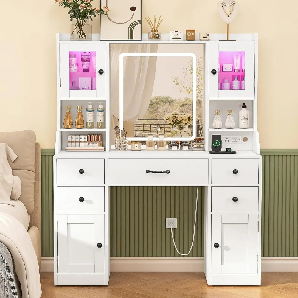

Large Vanity Desk with RGB cabinets, Lighted Mirror & Power Outlet, 3 Color Modes, 5 Drawers, 2 cabinets, Makeup Vanity Table