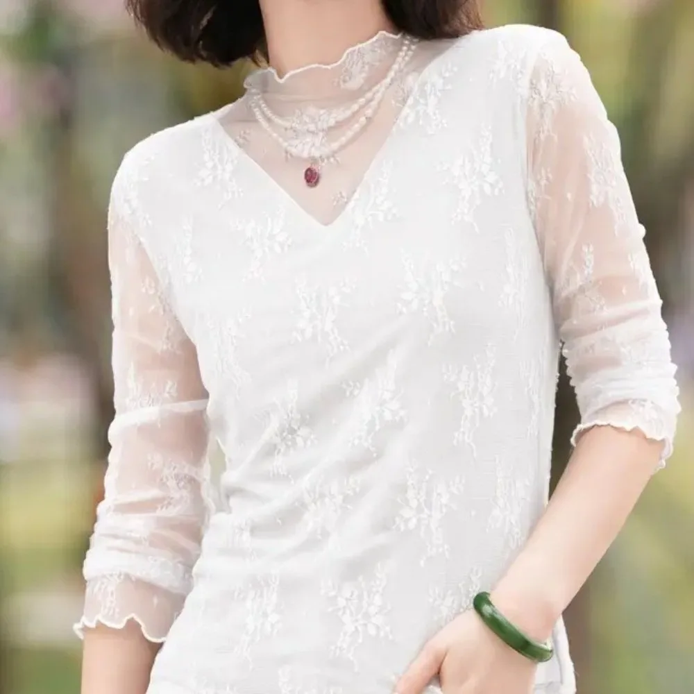 Fake V Neck Women Lace Shirt Floral Lace Long Sleeve Long Sleeve Top Stretchy Mesh Hides Extra Fat Mock V Neck Blouse
