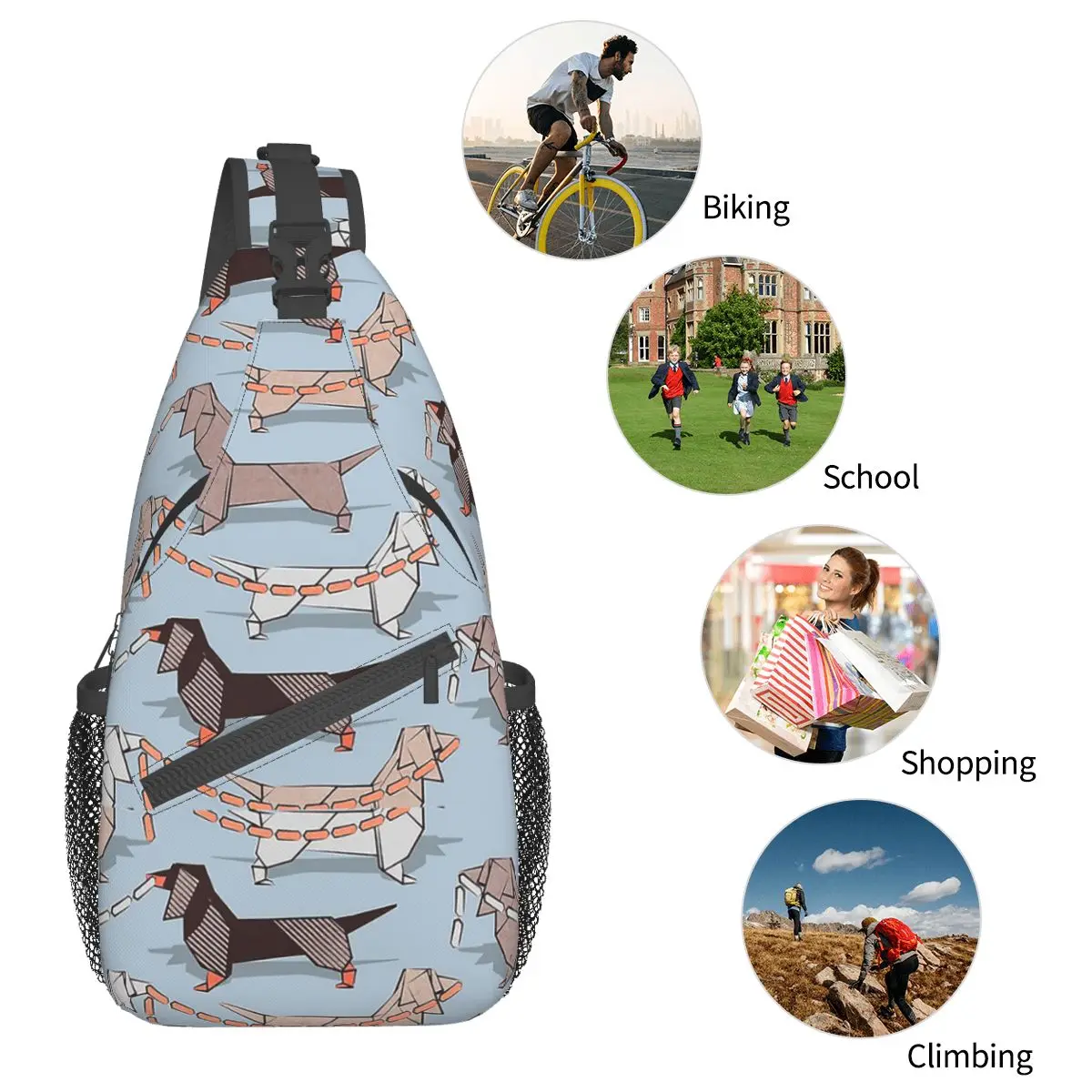 Origami Dachshunds Sausage Dogs Sling Bags Chest Crossbody Shoulder Sling Backpack Travel Hiking Daypacks Wiener Doxie Bookbag