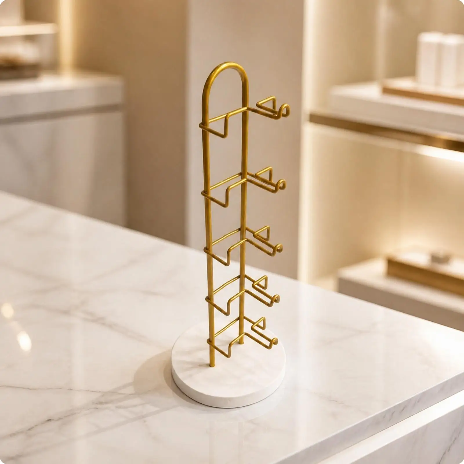Eyewear Display Rack for Sunglasses 5 Tier Metal Organizer Gold White Base Freestanding Glasses Stand for Counter Top