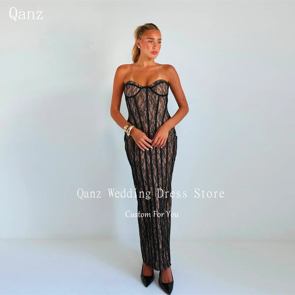 Qanz Elegant Black Lace Evening Dresses Mermaid Sweetheart Wedding Dress Guest Backless Skin Tone Lining Prom Gowns Customized