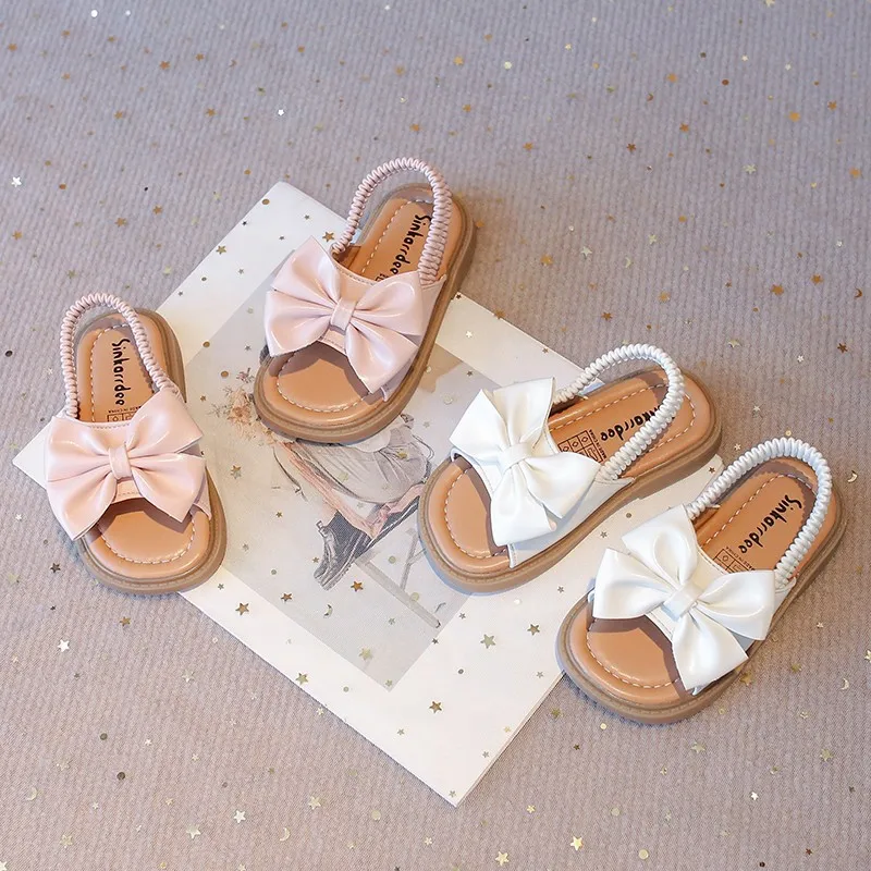 Summer Girl's Sandals Big Bowtie Pink Beige Pu Leather Holiday Kids Sliders Elastic Band Open Toe Leisure Comfy Children Shoes