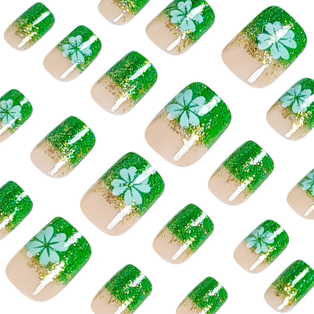 เล็บปลอมแบบสั้น-กลางสำหรับผู้หญิงและเด็กผู้หญิง สีเขียวขาว ลายใบโคลเวอร์สี่แฉก ประดับกลิตเตอร์ สำหรับวันเซนต์แพทริก ชุดเล็บปลอมแบบกดติด