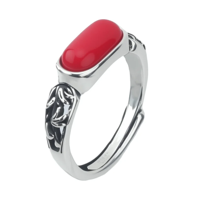 Retro Jade Red Geometry Ring For Lady Index Finger Accessories Ethnic Style Vintage Lines Flower Ring Women Jewelry