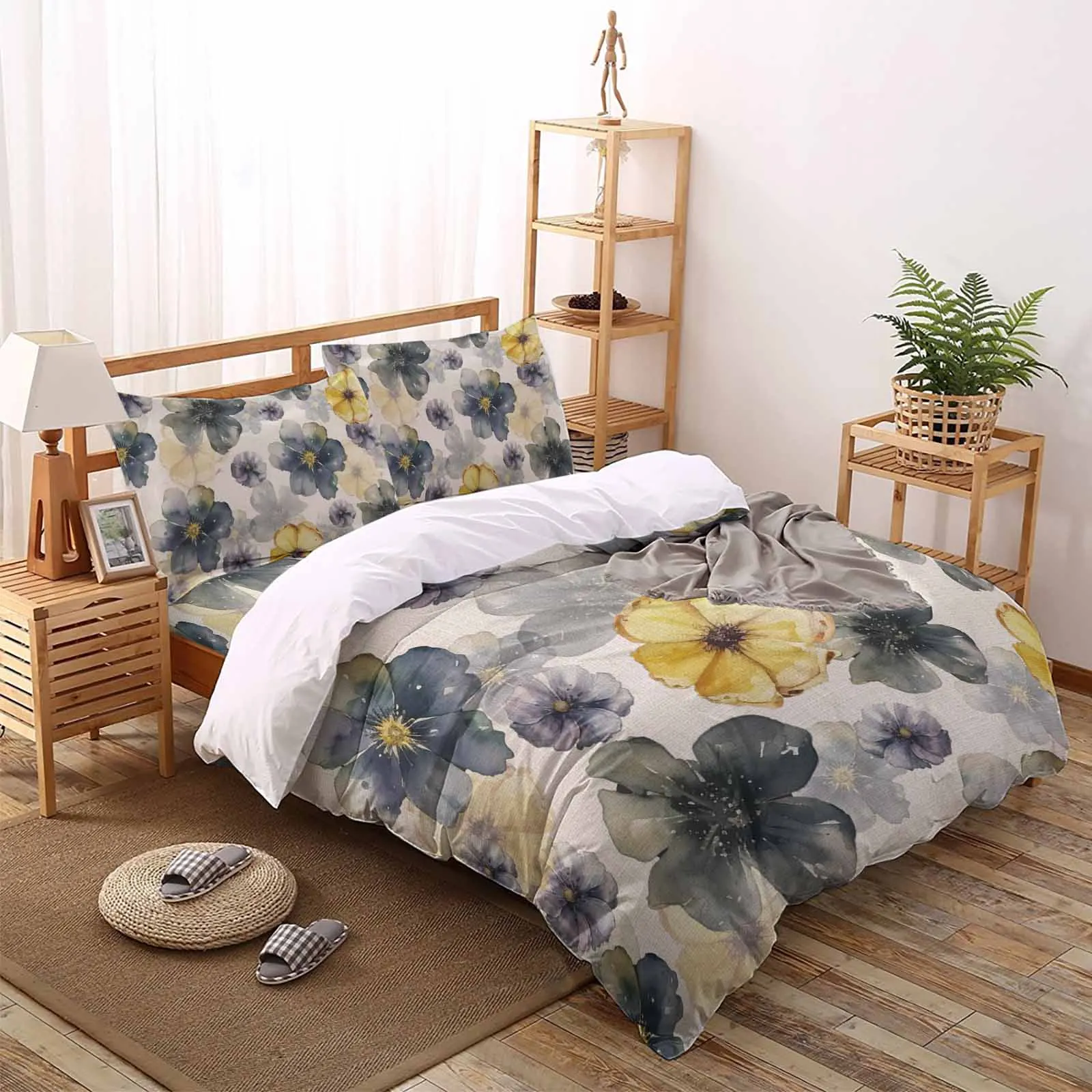 Purple Flowers Watercolor The-4piece Textile Set on the Bed Includes Two Pillowcases One Duvet cases One Bedsheet Customization