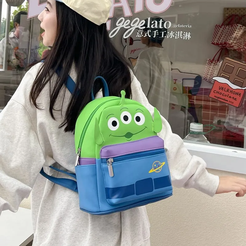 Disney Anime Toy Story Alien Schoolbag Cute Backpack Shoulder Bag Cartoon Creative PU Bag Student Birthday Gift