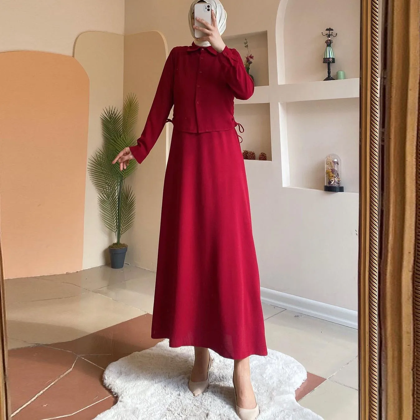 Women Two Piece Sets Muslim Abaya Dress Long Sleeve Button Down Shirt and Skirt Suits Casual Modest Islamic Clothing 2024