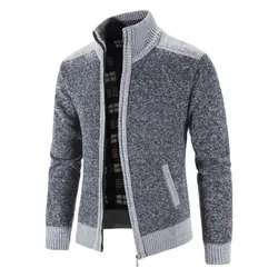 New Winter Men's Patchwork Jacket Knitted Coat Fashion Cardigan Outerwear Long Sleeves Casual Thick Slim Warm Zipper Coats