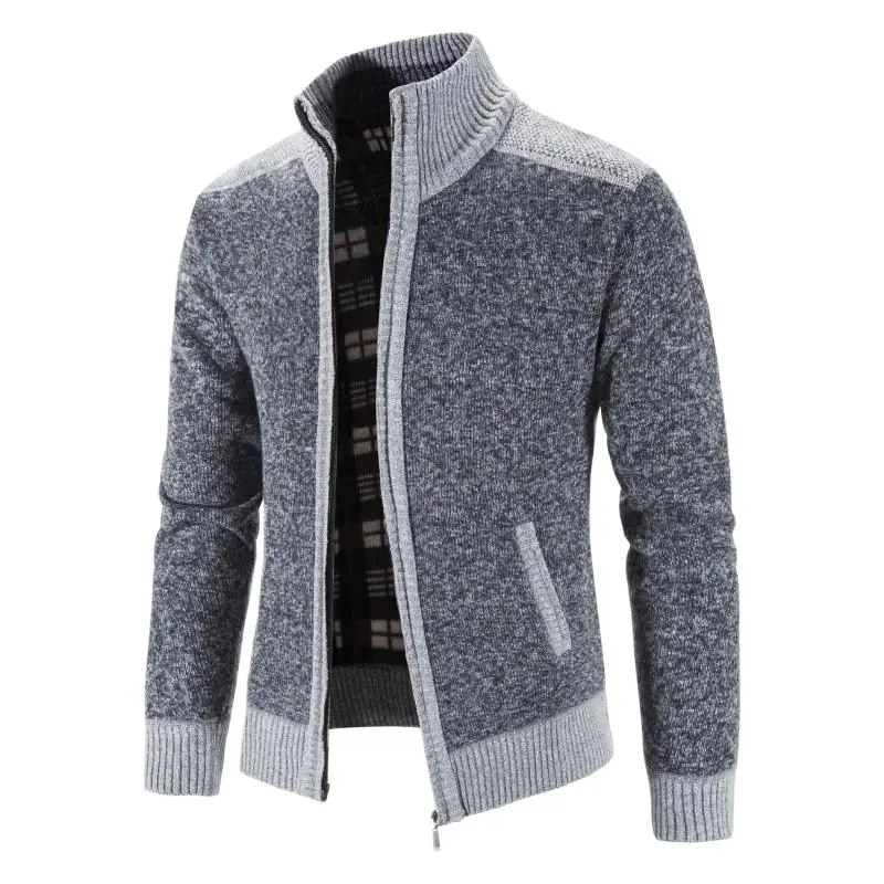 Nowa zimowa męska patchworkowa kurtka dzianinowy płaszcz modny kardigan odzież wierzchnia z długim rękawem Casual gruby Slim ciepłe płaszcze z zamkiem błyskawicznym