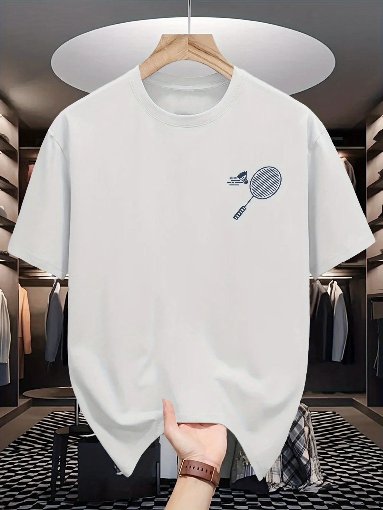 Mens Crew Neck T Shirt Minimal Chest Badminton Racket Shuttlecock Graphic Short Sleeve Casual Cotton Sports Hobby Lover Daily Te