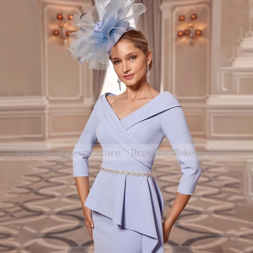 Imagen 2 del producto Vestido de Madre de novia para bodas, vestidos de invitados de boda con cuello en V y hombros descubiertos, vaina Midi, mangas 3/4, vestidos de fiesta con cuentas