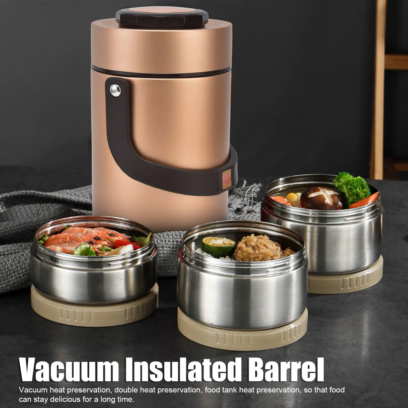 2000ml 304 Stainless Steel Vacuum Insulation Lunch Box Portable 3 Layer Vacuum Insulated Barrel