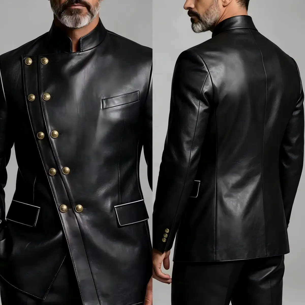 Stylish Men Jacket Pants Set Leather Stand Collar Asymmetric Gold Button Glam Evening Wear Customized 2 Piece Formal Suits