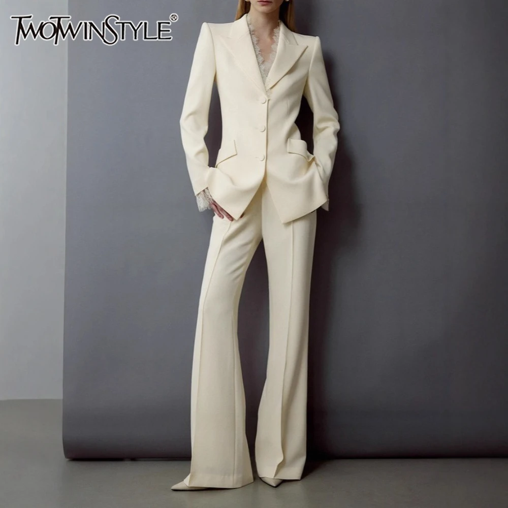TWOTWINSTYLE Apricot Spliced Lace Two Piece Set Female Lapel Long Sleeve Jacket Office Luxury Women's Trousers Set Fashion New