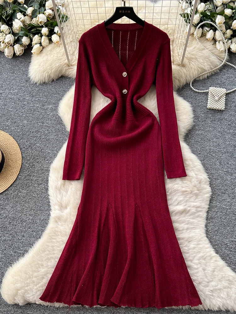 Feminino com decote em v babados vestido de malha vermelha outono manga longa camisola cabida sereia maxi vestido chique quente camadas puxa femmes