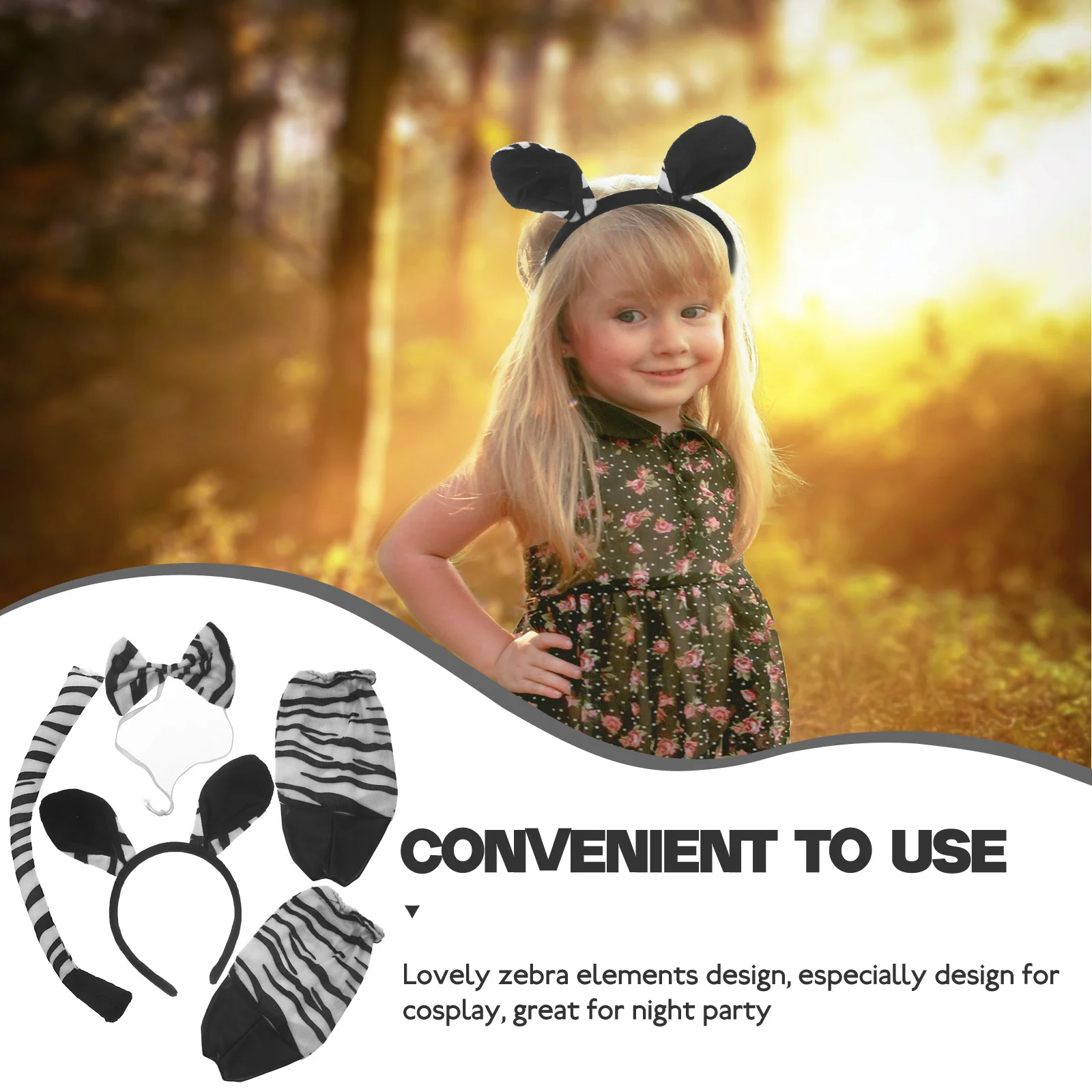 1Set Zebra Dierenkostuum Set Schattige Lichtgewicht Zebra Oren Hoofdband Strikje Staart Handschoenen Party Cosplay Benodigdheden Halloween