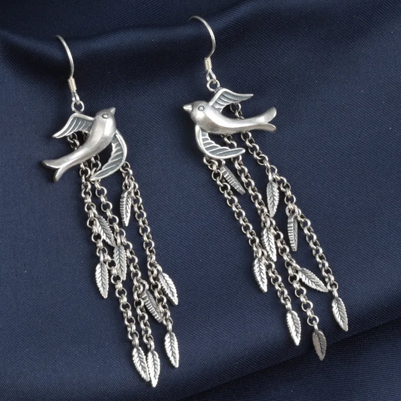 Vintage 925 Sterling Silver Swallow Leaf Tassel Earrings Ethnic Style Long Hanging Earrings Original Certified Jewelry EH143