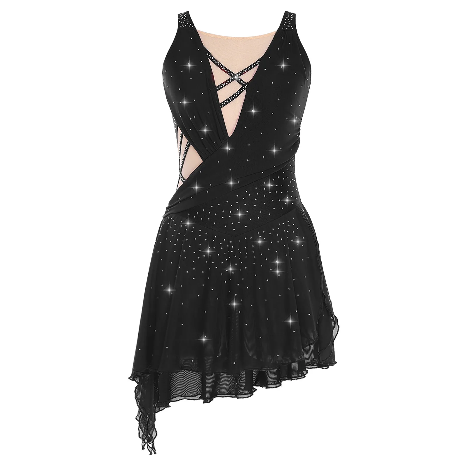 

Women Lyrical Ballet Dance Dresses Straps Backless Side Slit Rhinestone Flowy Asymmetrical Hem Crotch Press Buttons Briefs Dress