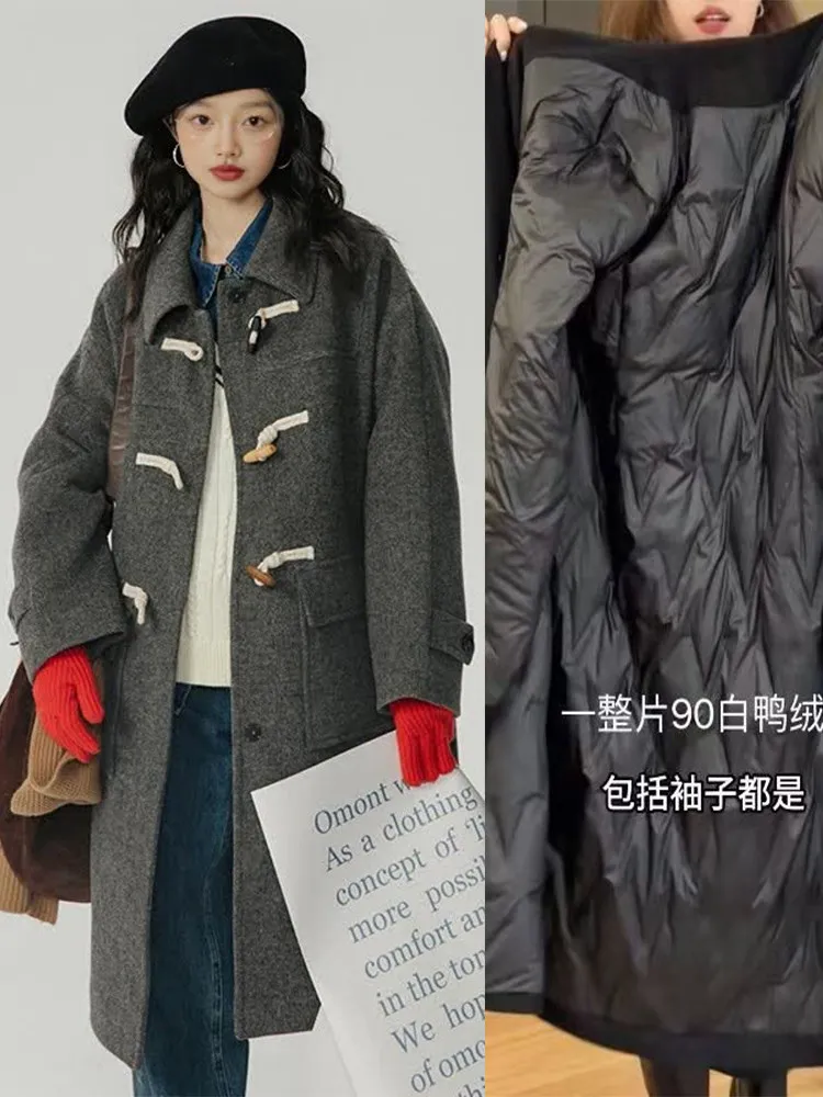 Duck Down Jacket, Gray Horn Buttoned Wool Coat, Women's Mid-length 2026 Winter New Thickened Wool Jacket