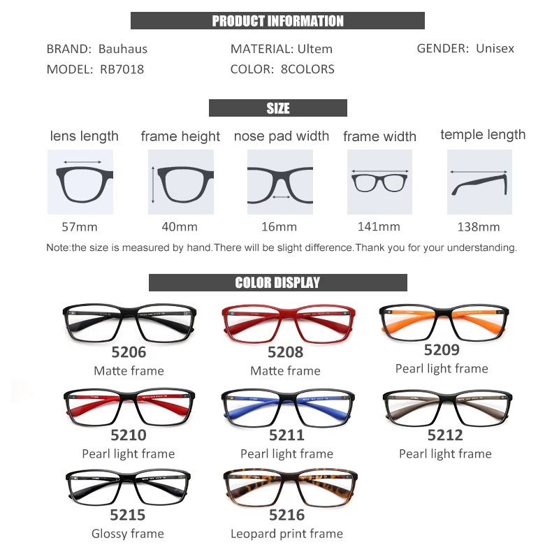 bauhaus brand Top Quality Ultem Glasses Frames Fashion colorful Optical Frame for Women and Men square frame 7018 myopia clear