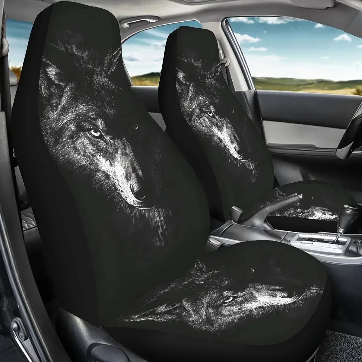 2pcs Seat Covers With Shadowy Wolf Profiles, Universal Car Covers Suitable For Sedans, SUVs And Trucks, Washable And Easy To Ins
