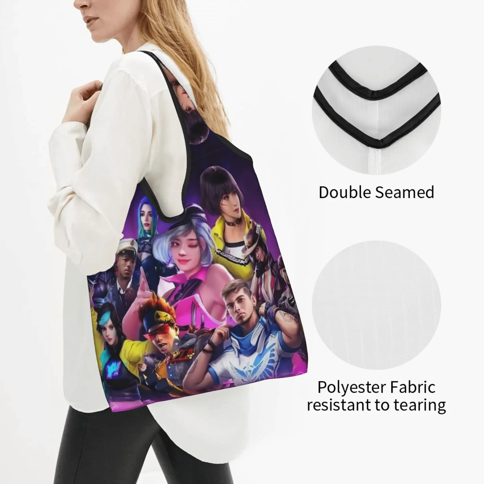 Custom Garena Free Fire Game  Shopping Bag Women Portable Large Capacity Grocery  Tote Shopper Bags