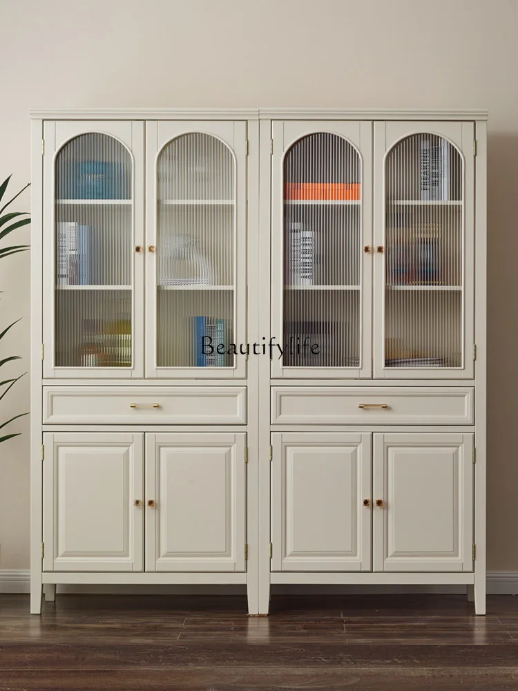 

American rural white pastoral solid wood bookcase glass door wine cabinet storage