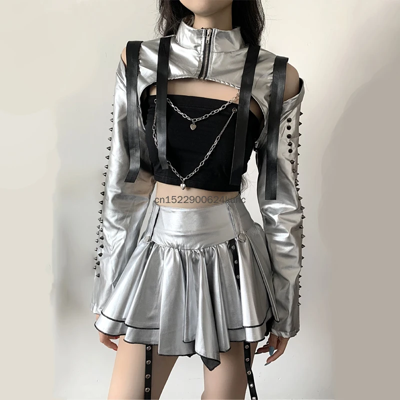 Women K-pop Silver Jazz Dance Outfit Metallic Rivet Shiny Jacket Long Sleeve Crop Top Pleated Miniskirt Set Hip Hop Jazz Clothes
