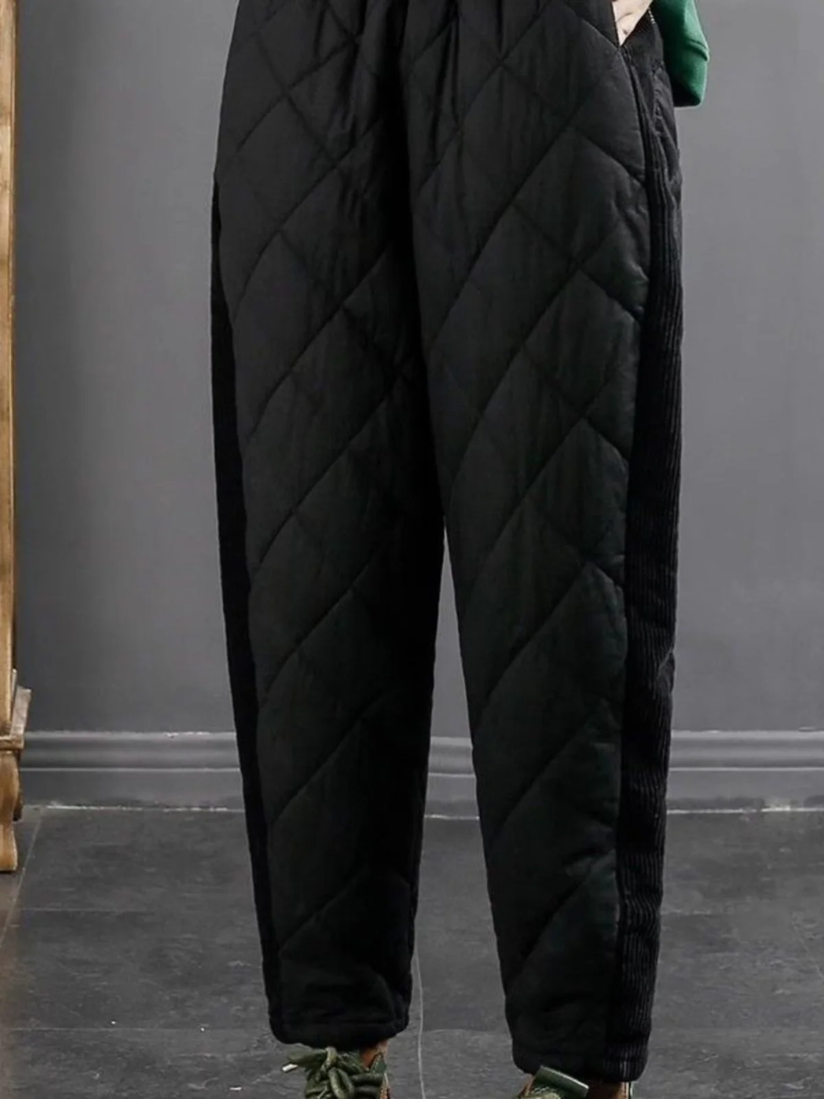 Women's Winter Warmth Windproof Cotton Pants High Waist Long Straight Tube Durable Quilted Diamond Patterned Padded Harlan