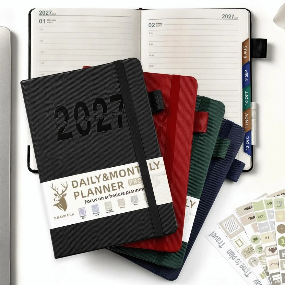 A5 Size Daily Planner Notebook Multi-Color Leather Cover Time Management Journal To Do List Thick Paper 2027 Calendar Log