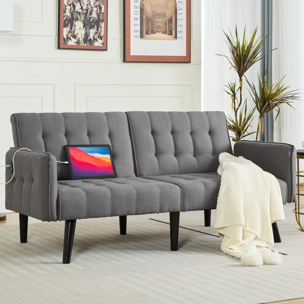 65-calowa rozkładana sofa Futon z 2 portami USB, tapicerowana, mała, regulowana rozkładana kanapa Loveseat