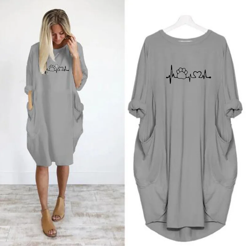Dames losse lange mouwen zomer plus size jurk herfst winter casual ronde hals effen kleur lange mouw zak losse trui