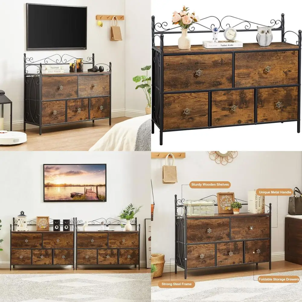 

Коричневая деревянная тумба под телевизор 40 дюймов с 5 тканевыми ящиками, консоль для развлекательного центра в гостиную/спальню, простая сборка