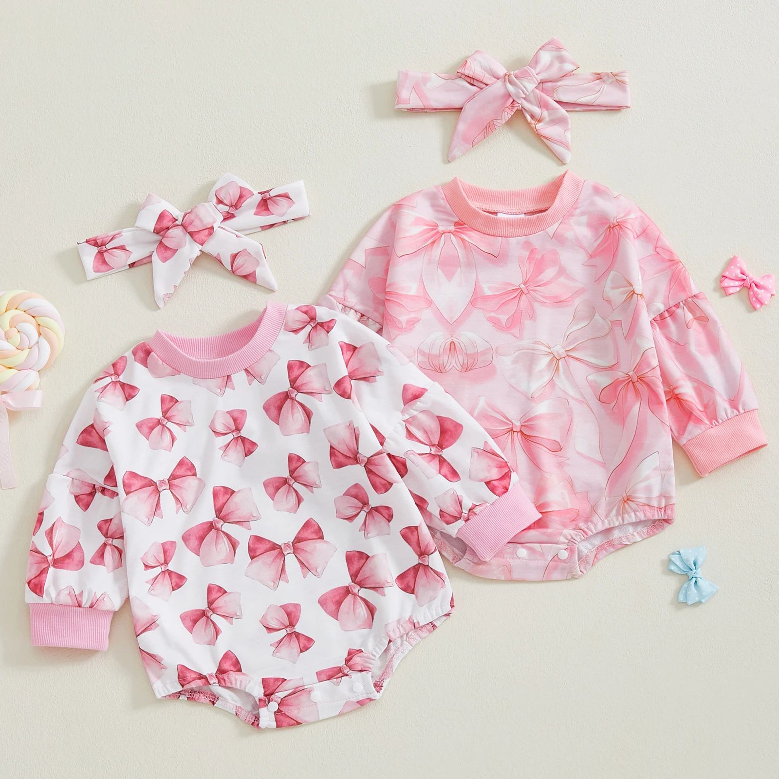 Princess Baby Girls Sweatshirt Romper Spring Cute Bow Print Long Sleeve Newborn Jumpsuits with Headband 2-Piece Kids Outfits