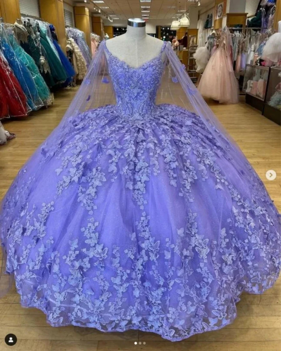 

Сиреневое Лавандовое платье для Quinceanera с накидкой 2023 бусины Бабочка 3D Цветочная аппликация милые 15 день рождения Бальные платья со шнуровкой