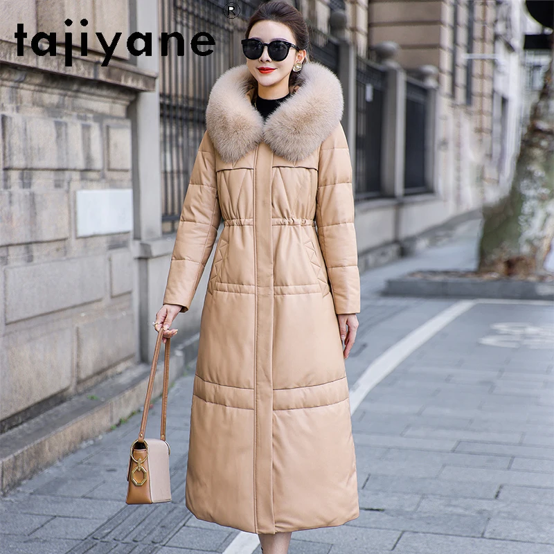 TAJIYANE 100% جلد الغنم أوزة أسفل معطف مقنع طويل الجلد الحقيقي سترة منفوخة النساء مع الثعلب الفراء طوق ملابس الشتاء 2025