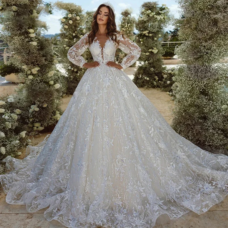 

Роскошное свадебное платье с объемными цветами и органзой с вышивкой, бальное платье с круглым вырезом и длинными рукавами, индивидуальная пуговица для свадебного платья