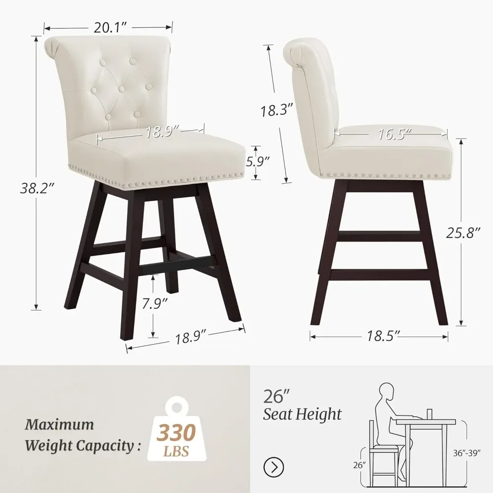 Counter Height Bar Stools Set, fezes giratórias com costas, falso couro balcão fezes com apoio para os pés, 26 polegadas