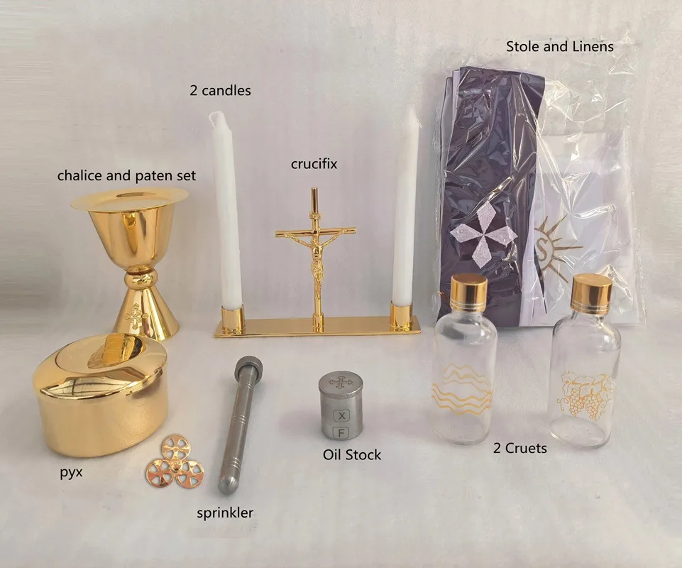 Catholic Mass Kit with Carrying Case, Chalice Paten Pyx Crucifix Sprinkler, 2 Bottles, 2 Candles, Stole Linens