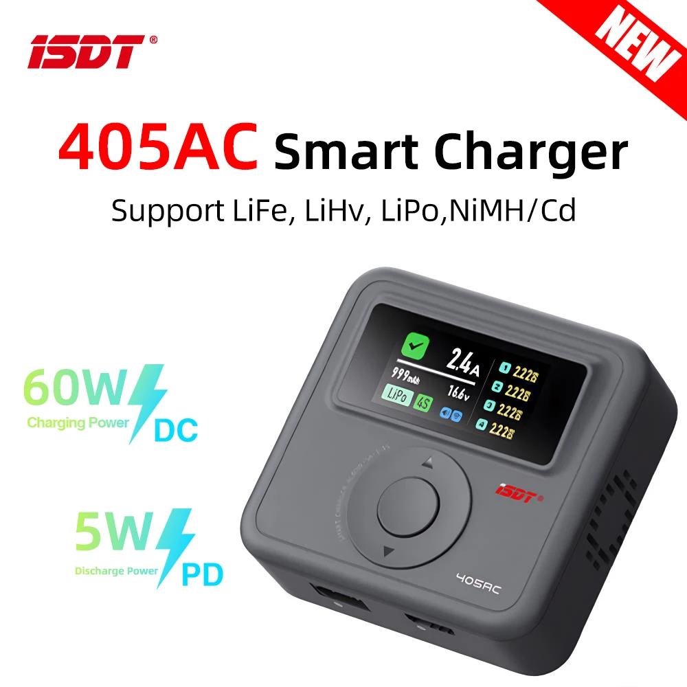 

ISDT 405AC 60W Smart Charger GaN Battery Charger AC 100~240V lPS Screen APP Control For LiFe LiHv LiPo 1~4SPb 1~7S NiMH/Cd 1~12S