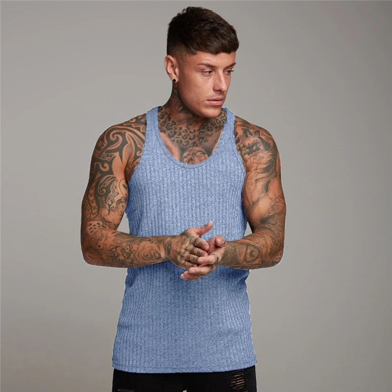 Plain Slim Fit Stretch Knit Fabric Tank Tops Men Fitness Sleeveless Sport Strip Y-back Gym Bodybuilding Tight-fitting Vests