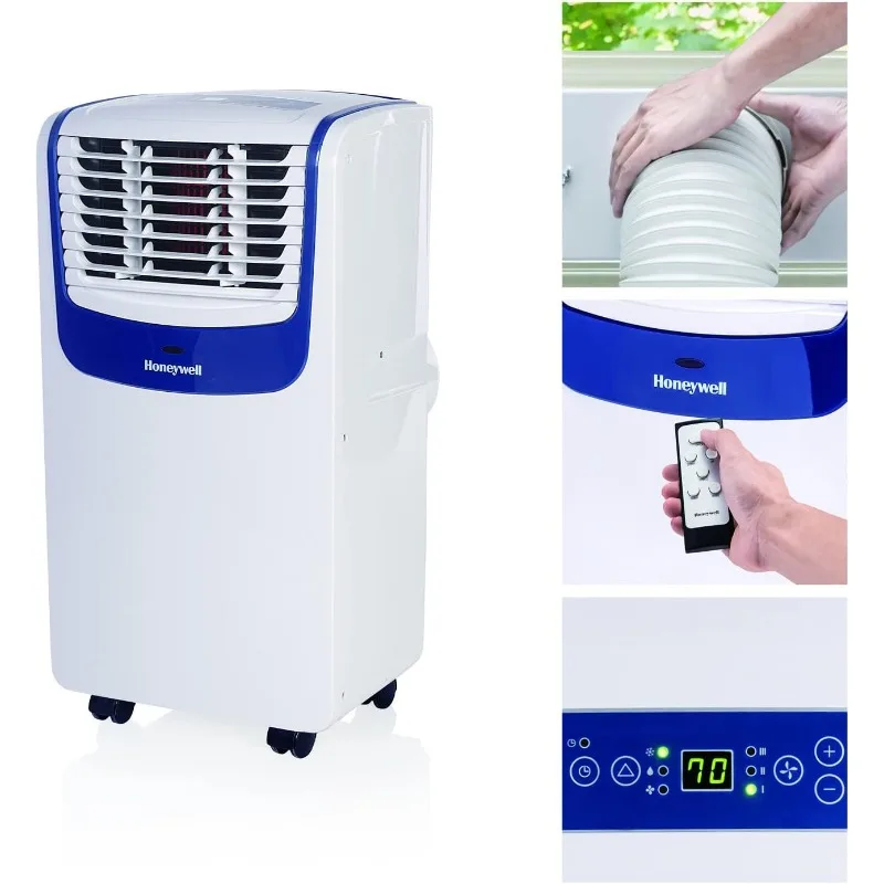 9,000 BTU Portable Air Conditioner for Bedroom, Living Room, Apartment with Dehumidifier & Fan, 24-hour Timer, Remote,White/Blue