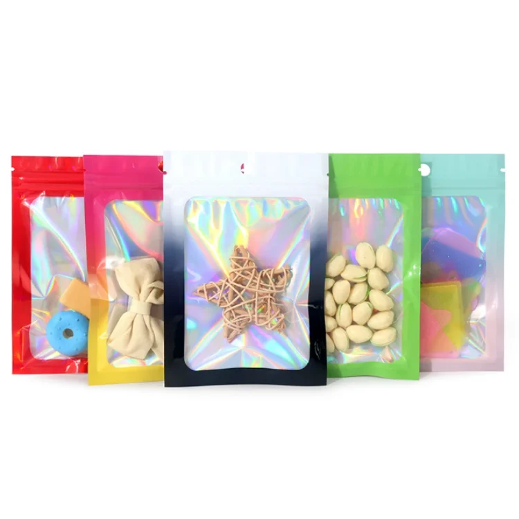 200PCS Hologram Gradient Aluminum Foil Ziplock Window Bag DIY Custom Logo Matcha Jewelry Tea Snack Gift Toys Packaging Pouches