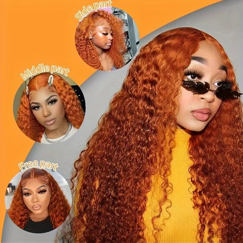 

Orange #350 FC Water Wave Wig, 13x6 HD Lace Frontal, 100% Brazilian Human Hair, Deep Curly, Pre-Plucked, 40 Inch, For Women, Hig