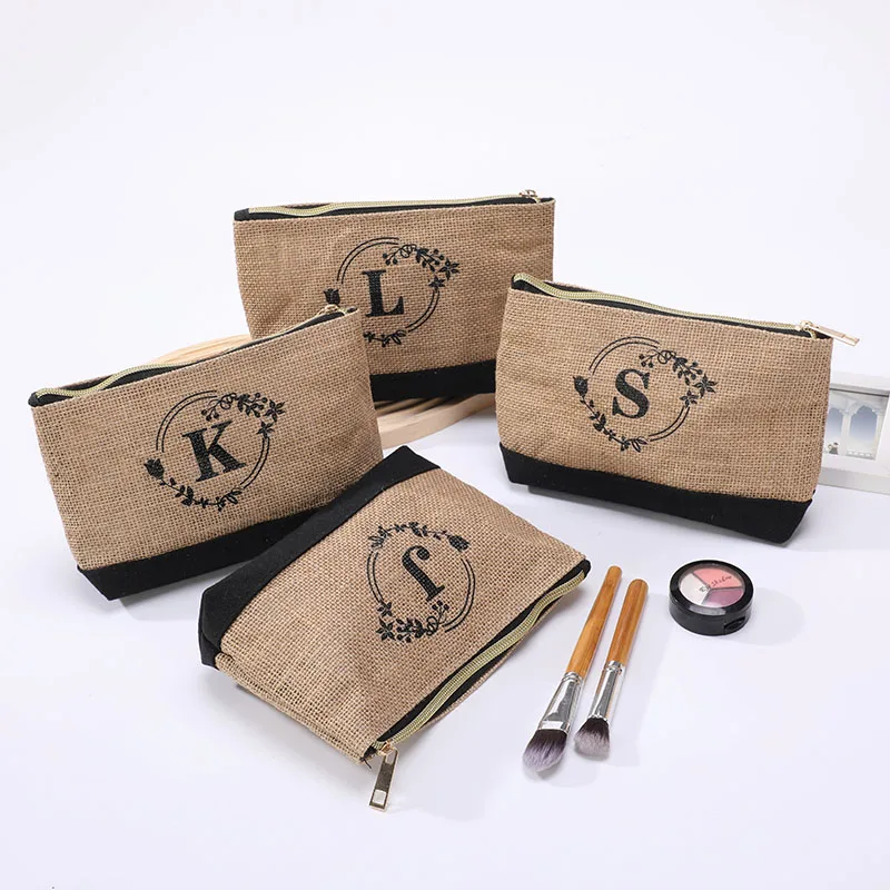 Monogrammed Burlap Makeup Bag Personalized Initial Cosmetic Pouch Zipper Toiletry Bag for Bridesmaid Gift Travel Makeup Organize