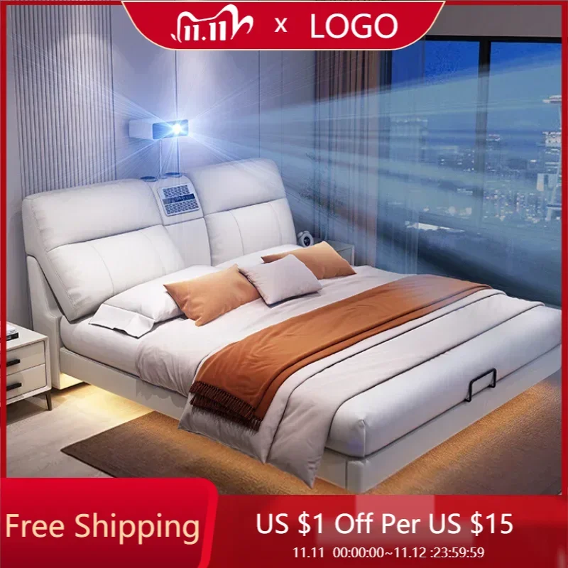 Nordic Modern Luxury Double Bed Frame Elegant Projector White Multifunctional Bed Comferter Villa Cama Matrimonial Bedroom Set