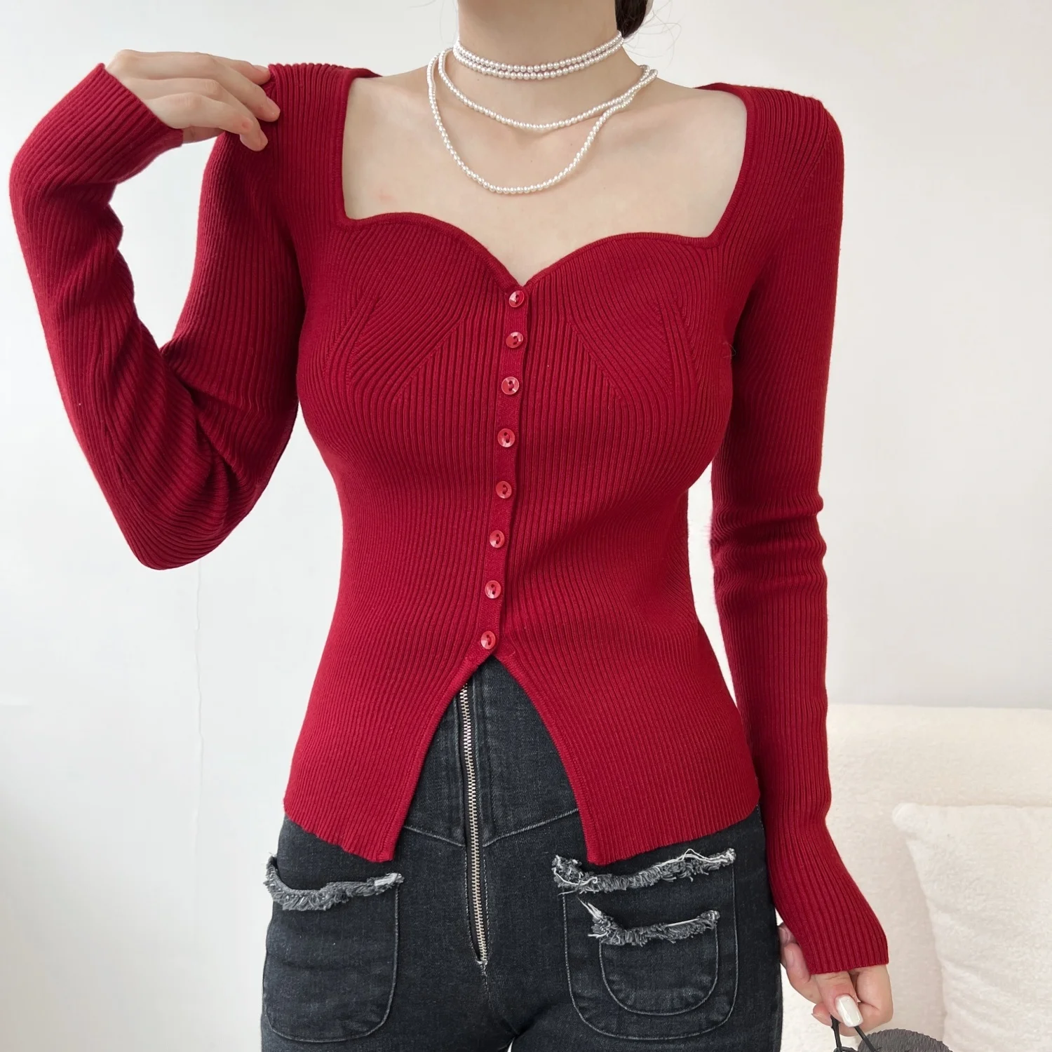 French Hong Kong Style Retro Burgundy Slim-fitting Sweater Long-sleeved Square Neck Wave Collar Buttoned Bottoming Shirt Tops