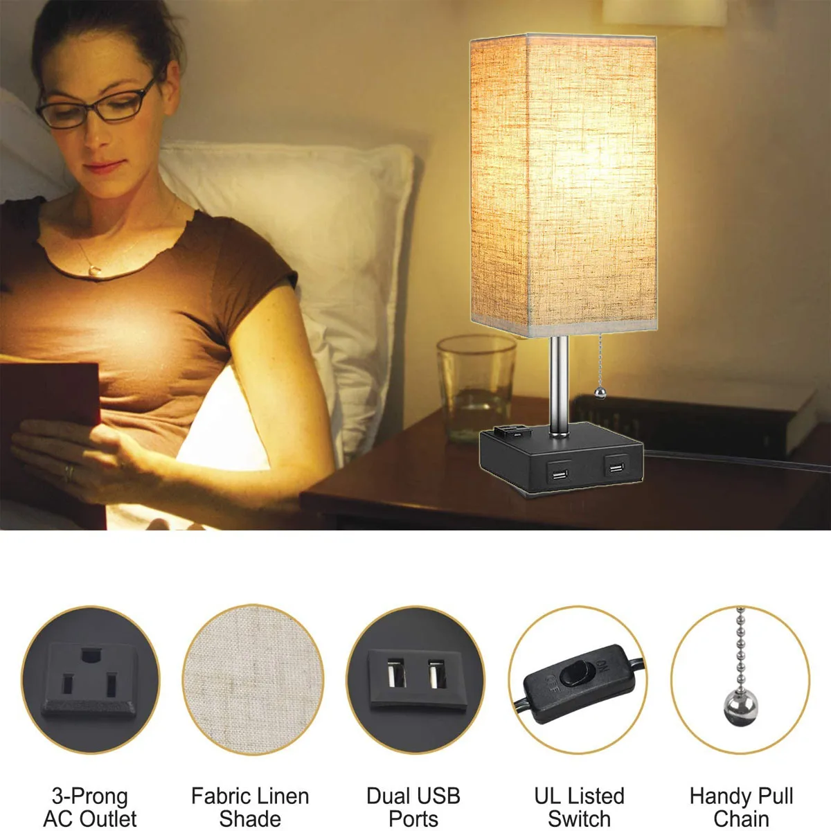 Multifunctional Bedside Lamp, Table Desk Lamp with Dual USB Ports Outlets, Fabric Shade